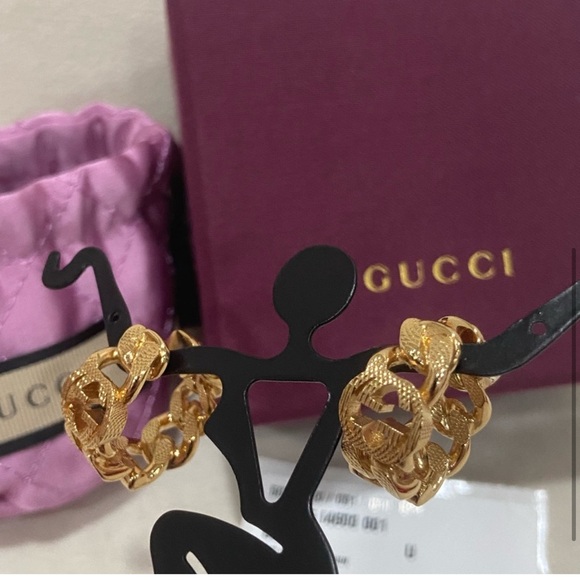 Gucci Brushed Gold GG chain hoop earrings - Picture 1 of 9